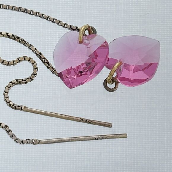 Vintage Sterling Silver 925 Pink Crystal Heart Drop Earrings - Picture 4 of 6